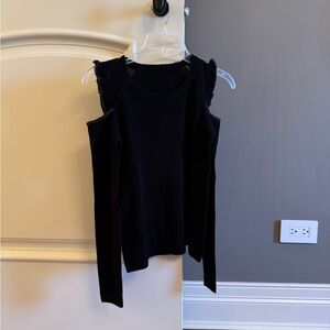 Women’s black ruffled open shoulder cut out cashmere blend sweater